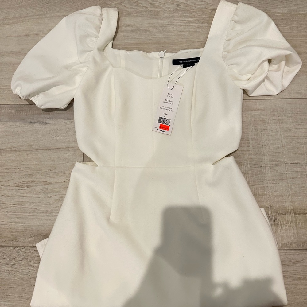 French Connection White Sheath Dress with Puff Sleeves